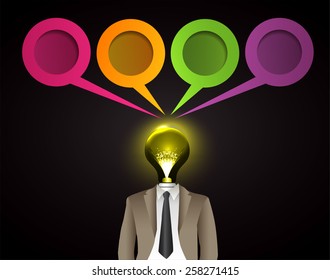 businessman light bulb head with business strategy background as concept. text box. speech bubble.