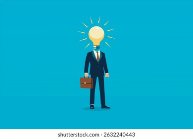 Businessman with a Light Bulb Head, Creative Idea Concept. Illustration of a businessman dressed in a formal suit and tie, holding a brown briefcase, with a light bulb replacing his head.