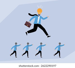 businessman with a light bulb for a head, holding a briefcase and running ahead of four other businessmen with dim light bulbs for heads