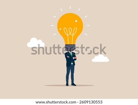 Businessman with a light bulb of a head on shoulders. Innovation, creativity or thinking about idea, solution to solve problem or brainstorm. Flat vector illustration