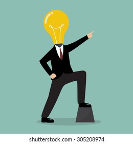 Businessman with a light bulb head pointing up. Business concept