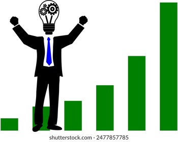 Businessman with light bulb head and raised hand with rising graph background, this illustration depicts a businessman with the idea that innovation and hard work will lead to success