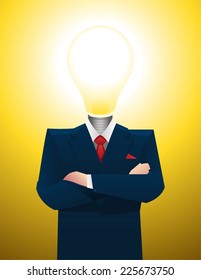 Businessman with light bulb inspiration great idea, enlightened. Vector illustration.