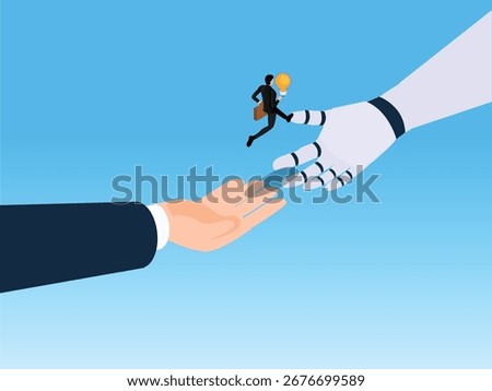 Businessman with a light bulb jumping to a robot hand 3d isometric vector illustration