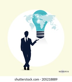 Businessman with light bulb on his hand concept for idea. Vector illustration.