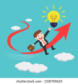 Businessman with light bulb on success arrow, illustration vector cartoon