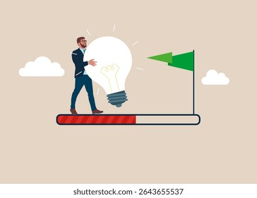 Businessman with light bulb to from the start to success. Career path. Challenge your progress and win the race. Business vision. Creativity to help see business opportunity. Flat vector illustration.