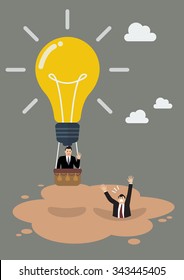 Businessman in lightbulb balloon get away from quicksand. Business concept