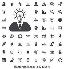 Businessman with lightbulb head line icon on white background. Business set of icons
