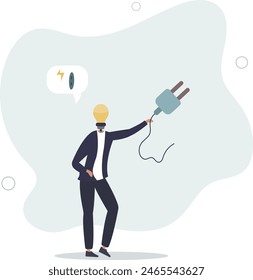 businessman with lightbulb head try to find electricity to light up.flat vector illustration.