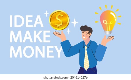 Businessman with lightbulb idea in his hand and money dollar sign on other hand. Business idea to make money. Turn ideas into money form internet concept. vector illustration.
