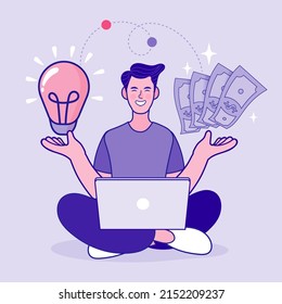 Businessman with lightbulb idea in his hand and money dollar sign on other hand. Business idea to make money. Turn ideas into money form internet concept. vector outline illustration.