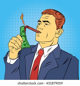 Businessman Lighting Cigar with Dollar Bill. Successful Man. Pop Art. Vector illustration