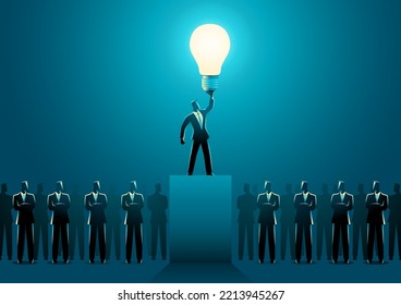 Businessman lighting up other businessmen with a lightbulb on stage, leadership concept - Shutterstock ID 2213945267