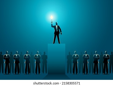 Businessman lighting up other businessmen with a torch on stage, leadership concept - Shutterstock ID 2158305571