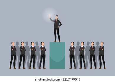 Businessman lighting up other businessmen with a torch on stage 2d vector illustration concept for banner, website, illustration, landing page, flyer, etc.