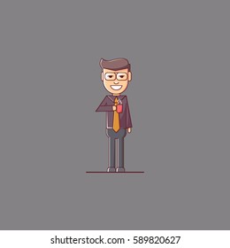 A businessman like coffee, drinking coffee, tea break time in bright office. Businessman holding cup of tea - coffee. Cartoon Vector background. Businessman coffee, tea break.