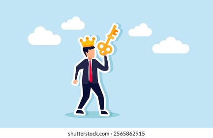 A businessman like a king carries a key, illustration of a leading company offering a product that provides solutions for business market problems