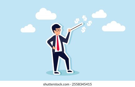 A businessman like a music director waves a baton, creating dollar signs, illustration of the art of managing corporate business finances