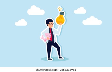 A Businessman like professor holding a piggy bank and a compound liquid inside a lamp, illustration of formulas in business ideas and innovations to boost profit and revenue