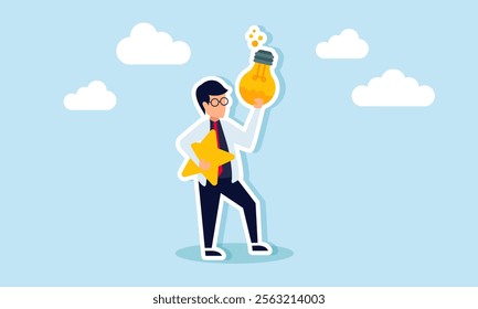 A Businessman like professor holding a star and a compound liquid inside a lamp, illustration of formulas in business ideas and innovations to improve product quality and performance