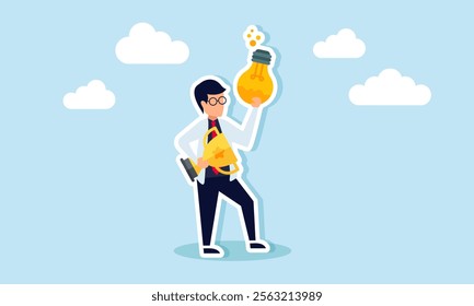 A Businessman like professor  holding a trophy and a compound liquid inside a lamp, illustration of formulas in business ideas and innovations to become a leading company