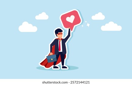 Businessman like a superhero lifting a shining heart emoticon, illustration of hard work in increasing market attention