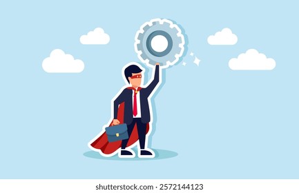 Businessman like a superhero lifting a shining gear machine, illustration of hard work in creating an ideal business system