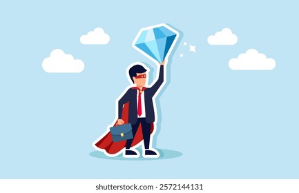 Businessman like a superhero lifting a shining diamond, illustration of hard work in securing profitable business projects