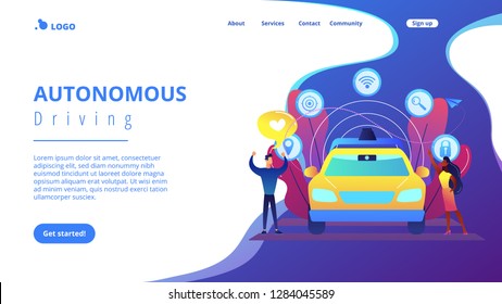 Businessman likes autonomous driverless car with smart technology icons. Autonomous driving, self-driving car, future transport system concept. Website vibrant violet landing web page template.