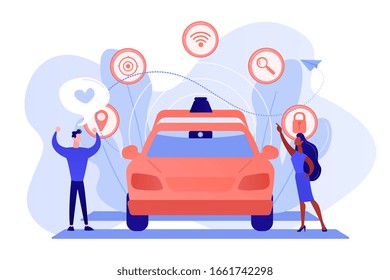 Businessman likes autonomous driverless car with smart technology icons. Autonomous driving, self-driving car, future transport system concept. Pinkish coral bluevector isolated illustration