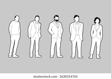 Businessman line cad art. Vector illustration of businessman standing in front back and side view. Symbol for architecture and landscape design drawing.