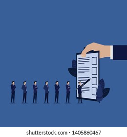 Businessman line up to fill form survey questionnaire. Illustration For Wallpaper, Banner, Background, Book Illustration, And Web Landing Page.