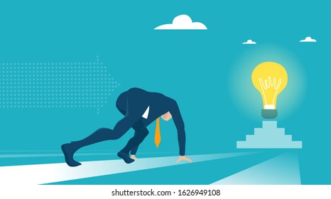Businessman lined up getting ready for race. Light bulb as a target. Business concept illustration. 