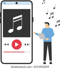 Businessman listen music, sound, audio or radio online with smartphone app. Media player app. Music play list. Flat Vector illustration.

