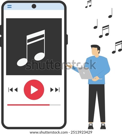 Businessman listen music, sound, audio or radio online with smartphone app. Media player app. Music play list. Flat Vector illustration.

