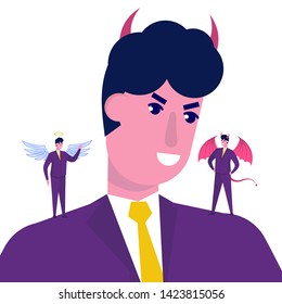 Businessman listening devil and angel. Vector character illustration