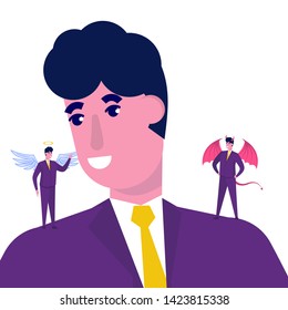 Businessman listening devil and angel. Vector character illustration
