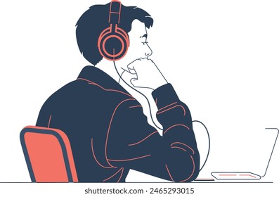 A businessman listening to music with headphones, business break, workplace relaxation, professional downtime, one continues line art vector illustration