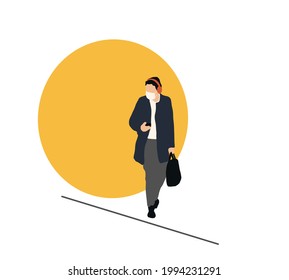 Businessman listening music over headphones and wearing face mask while walking on street during coronavirus pandemic.