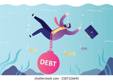 Businessman with load on chain goes to bottom of ocean. Entrepreneur drowned in large amount of debts. Worker with major financial problems. Bankruptcy and financial obligations. Vector illustration