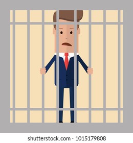 Businessman locked behind prison bars. Businessman in prison holds his hands behind bars. Vector illustration