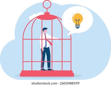 Businessman locked in a cage thought of a flying idea bulb. Freedom concept.

