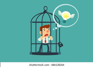 Businessman locked in cage thought of flying idea bulb. Freedom concept.