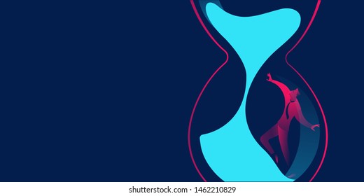 businessman locked in hourglass. run out of time, deadline, lifetime or time management business concept illustration in red and blue neon gradients