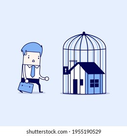 Businessman With Locked House Inside The Cage, Home Foreclosure. Cartoon Character Thin Line Style Vector.