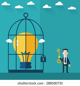 Businessman locks an idea in a cage. Businessman frees an idea from a cage. Idea concept flat design