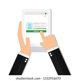 Businessman  login to account on tablet
