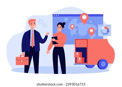 Businessman and logistics manager arranging goods delivery. Vector illustration. Map with destination points, truck with goods. Supply chain optimization, logistics concept