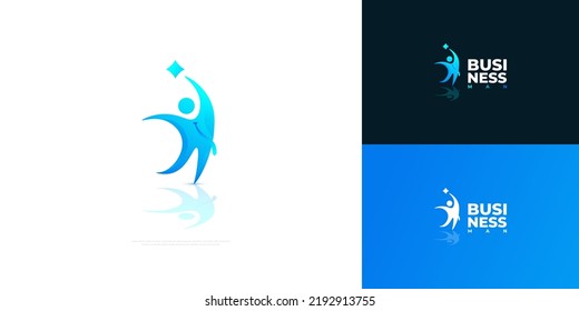 Businessman Logo Illustration Reaching For Star. Successful Career Entrepreneur in Business for Logo Icon